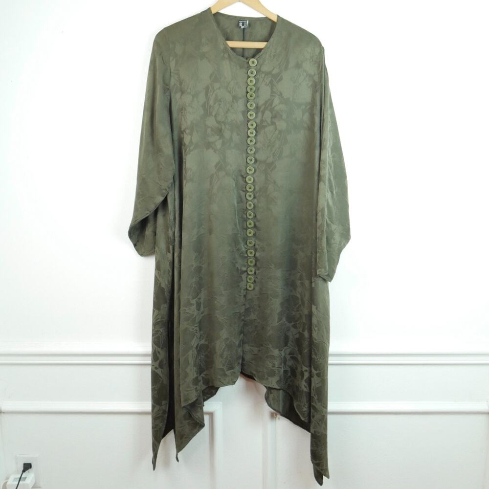 Lagenlook Asymmetric Tunic Dress Olive Green Silky Large Nilly Israel Button